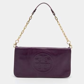 Pre Owned Tory Burch Purple Leather Reva Bombe Chain Clutch