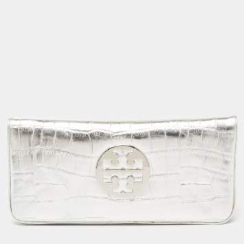 Pre Owned Tory Burch Silver Croc Embossed Glossy Leather Clutch