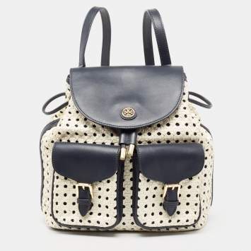 Pre Owned Tory Burch Navy Blue/White Woven and Saffiano Leather Piper Backpack