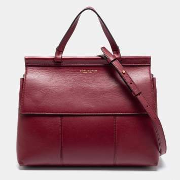 Pre Owned Tory Burch Burgundy Leather Block T Top Handle Bag