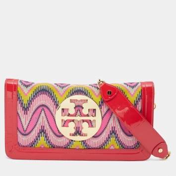 Pre Owned Tory Burch Multicolor Printed Canvas and Patent Leather Reva Flap Chain Clutch
