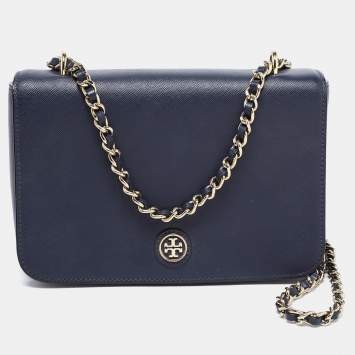 Pre Owned Tory Burch Navy Blue Saffiano Leather Emerson Shoulder Bag