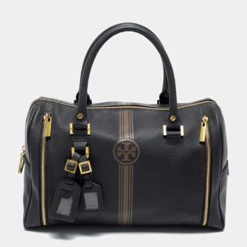 Pre Owned Tory Burch Black Leather Striped Boston Bag
