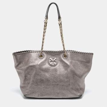 Pre Owned Tory Burch Metallic Grey Leather Marion Tote