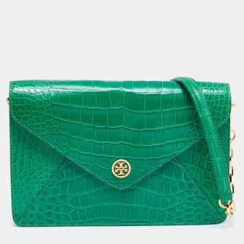 Pre Owned Tory Burch Green Alligator Robinson Envelope Flap Clutch Bag