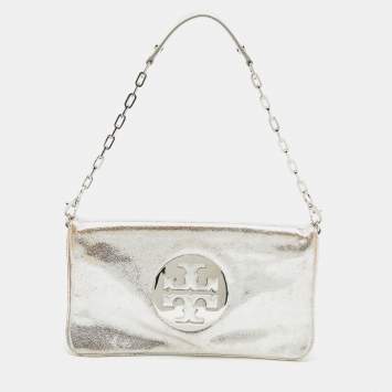 Pre Owned Tory Burch Metallic Silver Leather Reva Chain Clutch