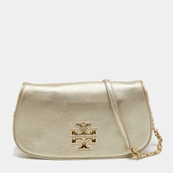 Pre Owned Tory Burch Metallic Gold Leather Britten Crossbody Bag