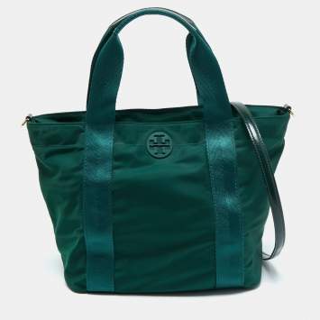 Pre Owned Tory Burch Green Nylon and Patent Leather Quinn Tote
