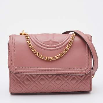 Pre Owned Tory Burch Rose Pink Leather Fleming Shoulder Bag