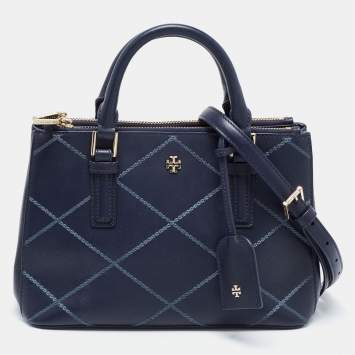 Pre Owned Tory Burch Navy Blue Quilt Stitched Leather Robinson Tote