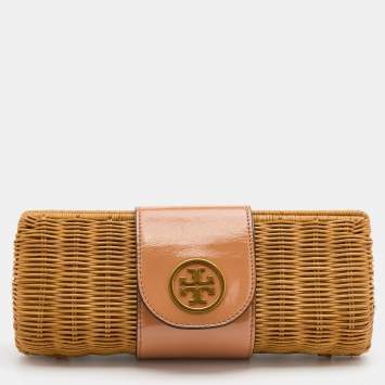 Pre Owned Tory Burch Tan/Beige Woven Rattan and Patent Leather Clutch