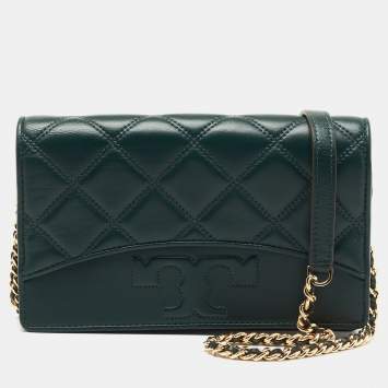 Pre Owned Tory Burch Dark Green Quilted  Leather Savannah Chain Clutch 