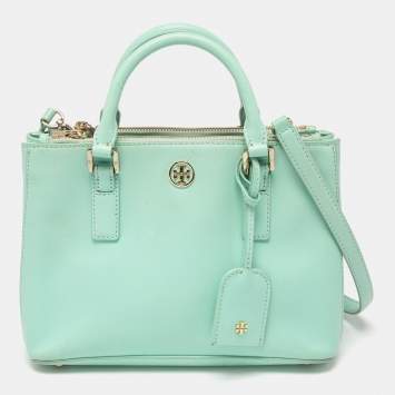 Pre Owned Tory Burch Light Green Leather Robinson Double Zip Tote