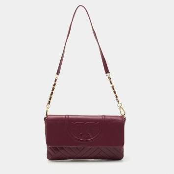 Pre Owned Tory Burch Burgundy Leather Alexa Chain Clutch