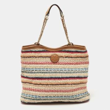 Pre Owned Tory Burch Multicolor Stripe Raffia and Leather Marion Tote
