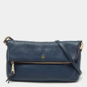 Pre Owned Tory Burch Blue Leather Foldover Crossbody Bag