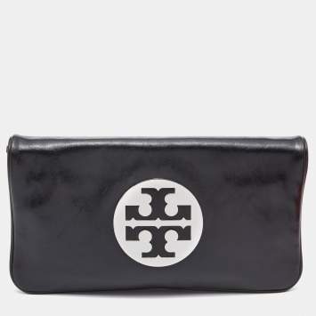 Pre Owned Tory Burch Black Leather Reva Flap Clutch