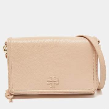 Pre Owned Tory Burch Peach Leather Thea Flap Crossbody Bag