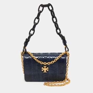 Pre Owned Tory Burch Royal Navy Blue Snake Skin and Leather Mini Kira Shoulder Bag