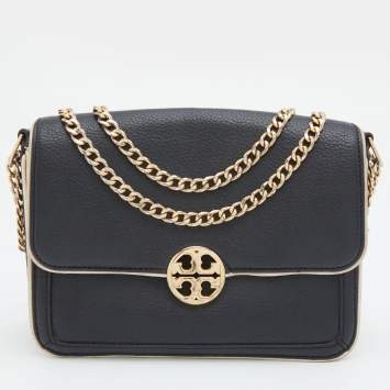 Pre Owned Tory Burch Black/White Leather Chelsea Flap Chain Shoulder Bag