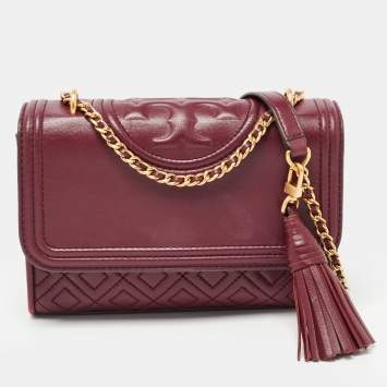Pre Owned Tory Burch Burgundy Leather Small Fleming Shoulder Bag