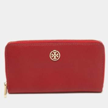Pre Owned Tory Burch Red Saffiano Leather Robinson Zip Around Wallet