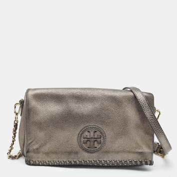 Pre Owned Tory Burch Metallic Leather Foldover Crossbody Bag