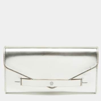 Pre Owned Tory Burch Silver Leather Envelope Clutch