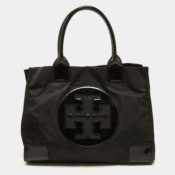 Pre Owned Tory Burch Black Nylon and Patent Leather Ella Tote