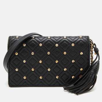 Pre Owned Tory Burch Black Quilted Leather Flap Chain Shoulder Bag