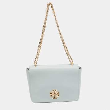 Pre Owned Tory Burch Sky Blue Leather Large Britten Flap Shoulder Bag