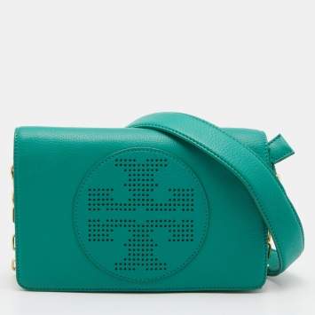 Pre Owned Tory Burch Green Leather Perforated Kipp Crossbody Bag