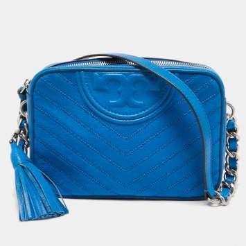 Pre Owned Tory Burch Blue Chevron Leather Fleming Camera Crossbody Bag
