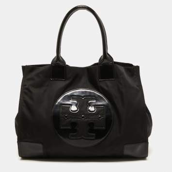 Pre Owned Tory Burch Black Patent Leather and Nylon Large Ella Tote