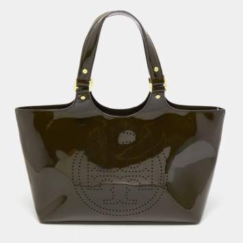 Pre Owned Tory Burch Dark Olive Green Patent Leather Perforated Tote