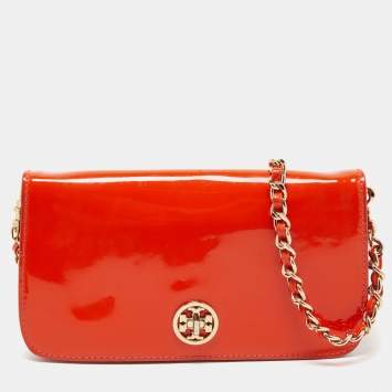 Pre Owned Tory Burch Orange Patent Leather Adalyn Crossbody Bag