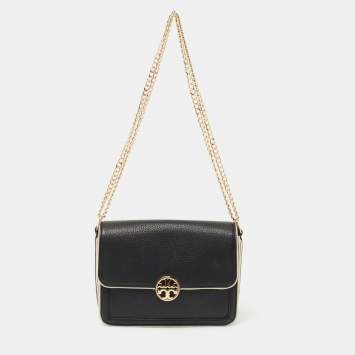 Pre Owned Tory Burch Black/Cream Leather Chelsea Shoulder Bag