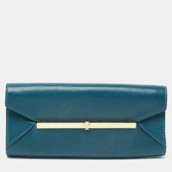 Pre Owned Tory Burch Teal Leather Envelope Flap Clutch