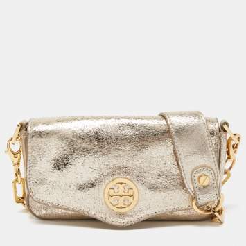Pre Owned Tory Burch Gold Crinkled Leather Chain Crossbody Bag 