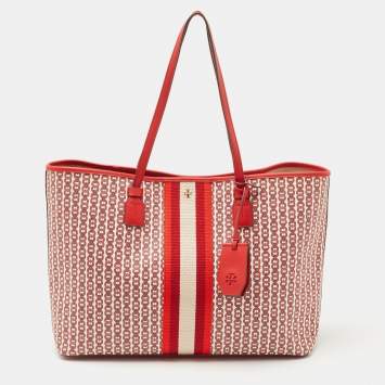 Pre Owned Tory Burch Red Coated Canvas Gemini Link Tote