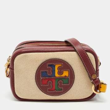 Pre Owned Tory Burch Burgundy/Beige Canvas and Leather Perry Colorblock Crossbody Bag