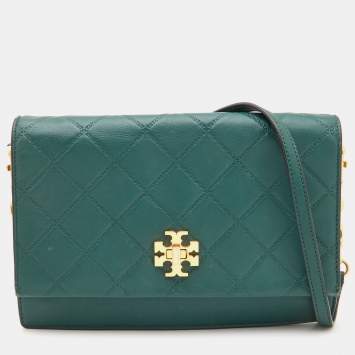 Pre Owned Tory Burch Green Leather Georgia Crossbody Bag