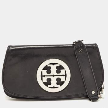 Pre Owned Tory Burch Black Leather Reva Logo Crossbody Bag