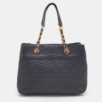 Pre Owned Tory Burch Black Quilted Leather Fleming Chain Tote