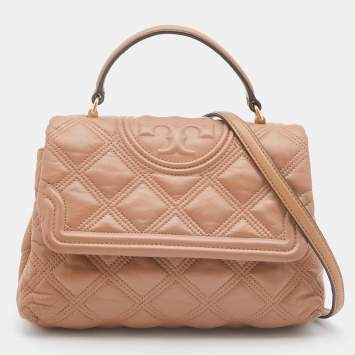 Pre Owned Tory Burch Beige Quilted Leather Fleming Soft Top Handle Bag