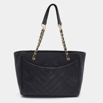 Pre Owned Tory Burch Black Quilted Leather Alexa Chain Tote