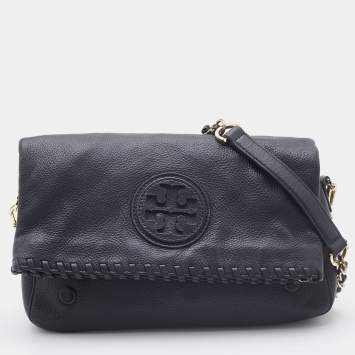 Pre Owned Tory Burch Black Gained Leather Whipstitch Fold Over Crossbody Bag