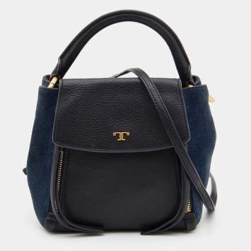 Pre Owned Tory Burch Black/Blue Leather and Suede Balloon Stripe Half Moon Crossbody Bag                               