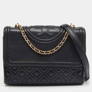 Pre Owned Tory Burch Black Leather Small Fleming Shoulder Bag