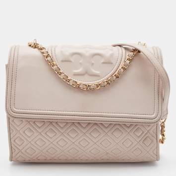 Pre Owned Tory Burch Beige Leather Large Fleming Shoulder Bag